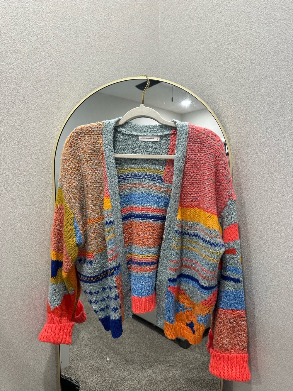 Colorblock Multi-Stripe Open Cardigan Sweater - Grey/Coral/Yellow